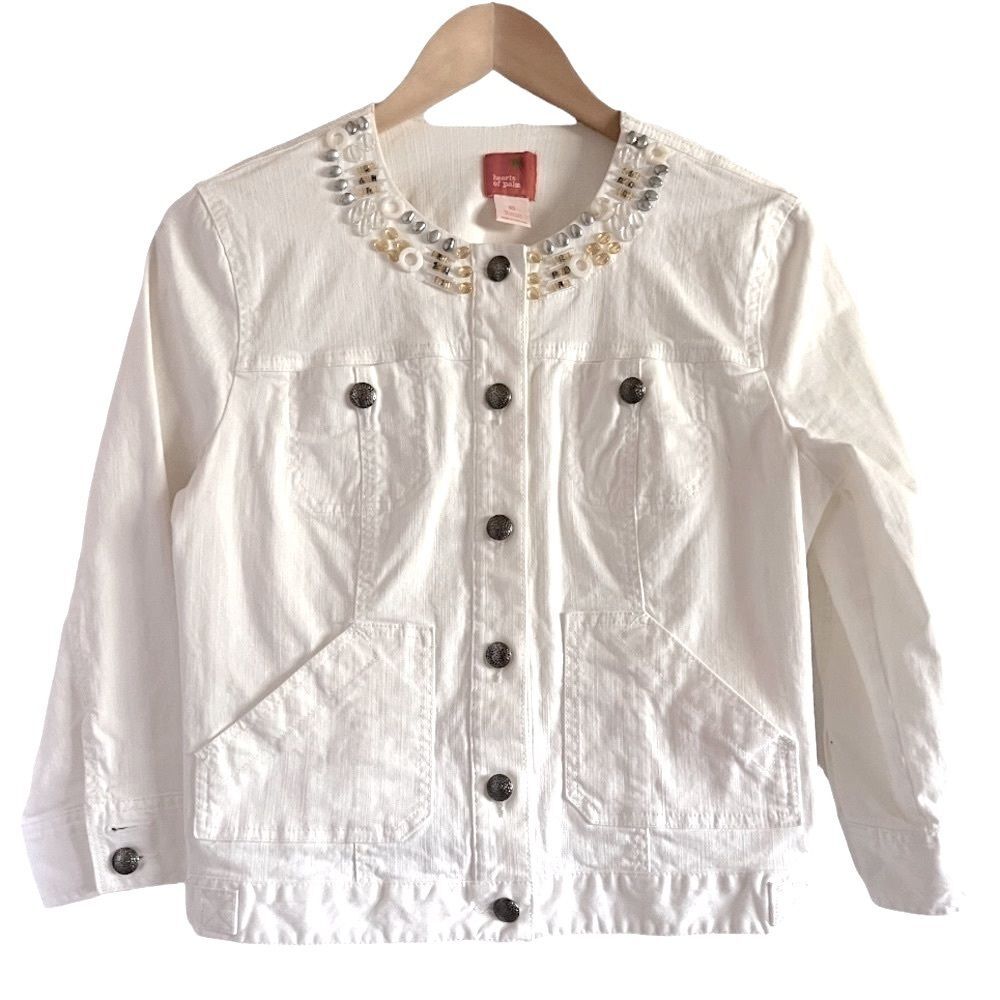 White denim Embellished Hearts of Palm Jacket Sz 10